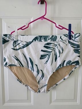 Cacique Mid Waist Tropical Leaf Bikini Bottoms - Green on White